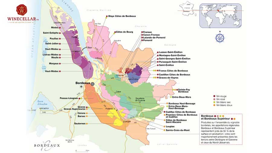 Ảnh 1: Bản đồ các vùng rượu vang tại Bordeaux