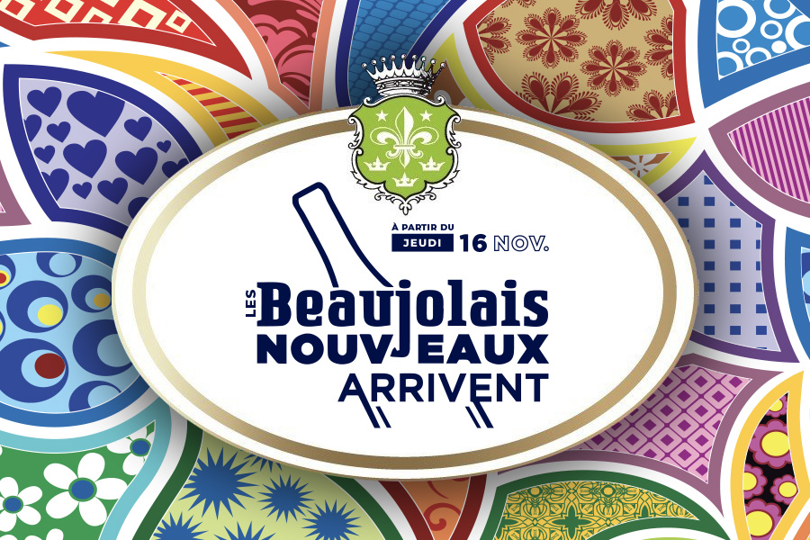 Màu sắc nhãn chai rượu vang Beaujolais Villages Nouveau từ Les Romarins